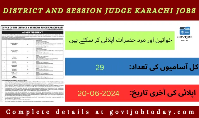 Applications are invited from enthusiastic, dynamic and hardworking candidates across Sindh in Office of the District and Sessions Judge Karachi Jobs 2024-govtjobtoday.com