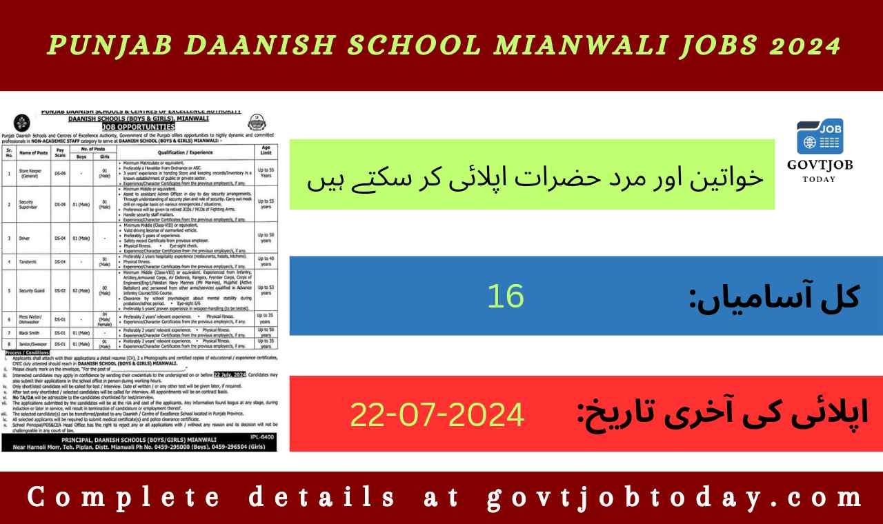 Punjab Daanish School Mianwali Jobs 2024-govtjobtoday.com