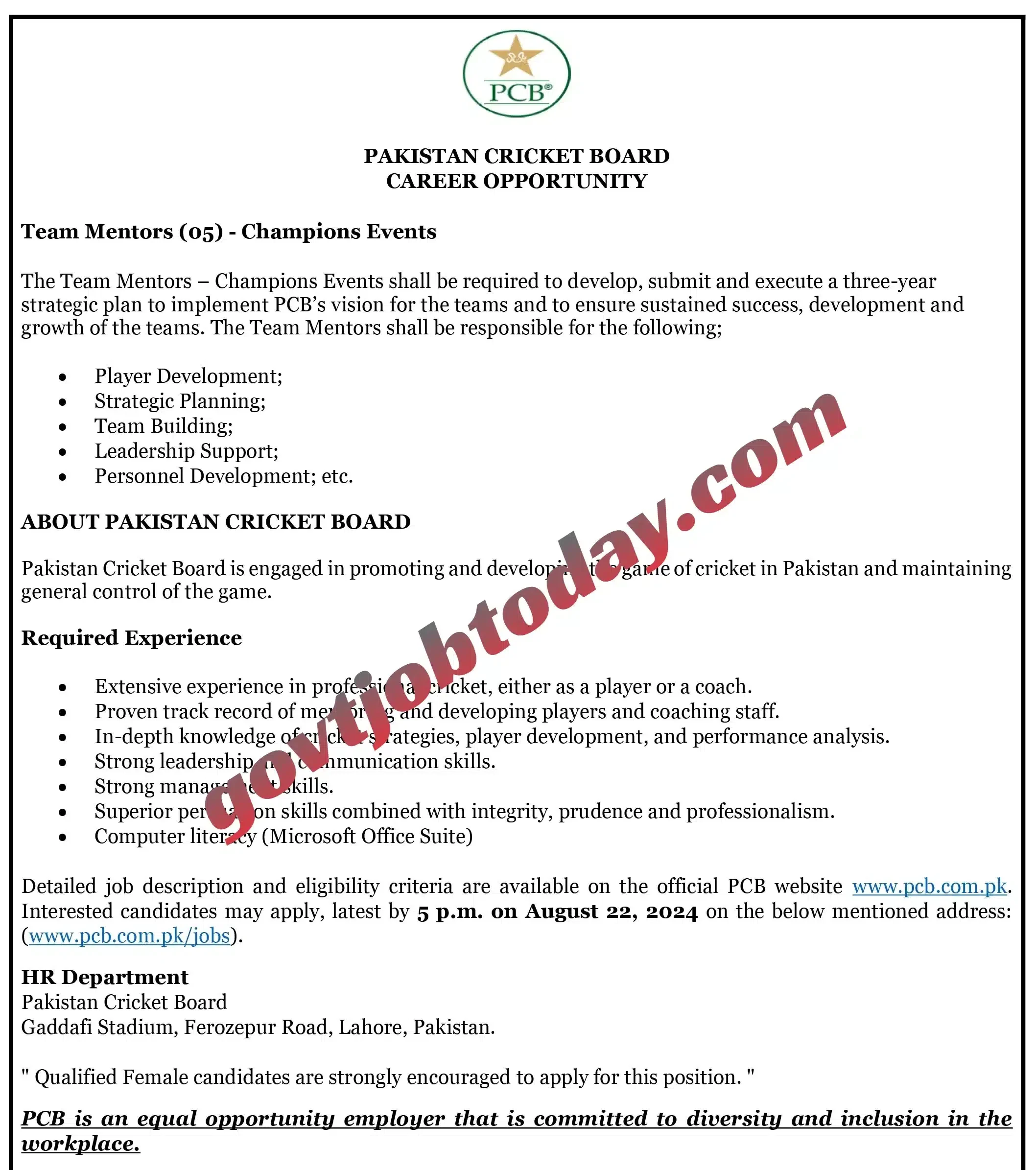 Pakistan Cricket Board Pcb Jobs 2024 Advertisement-govtjobtoday.com